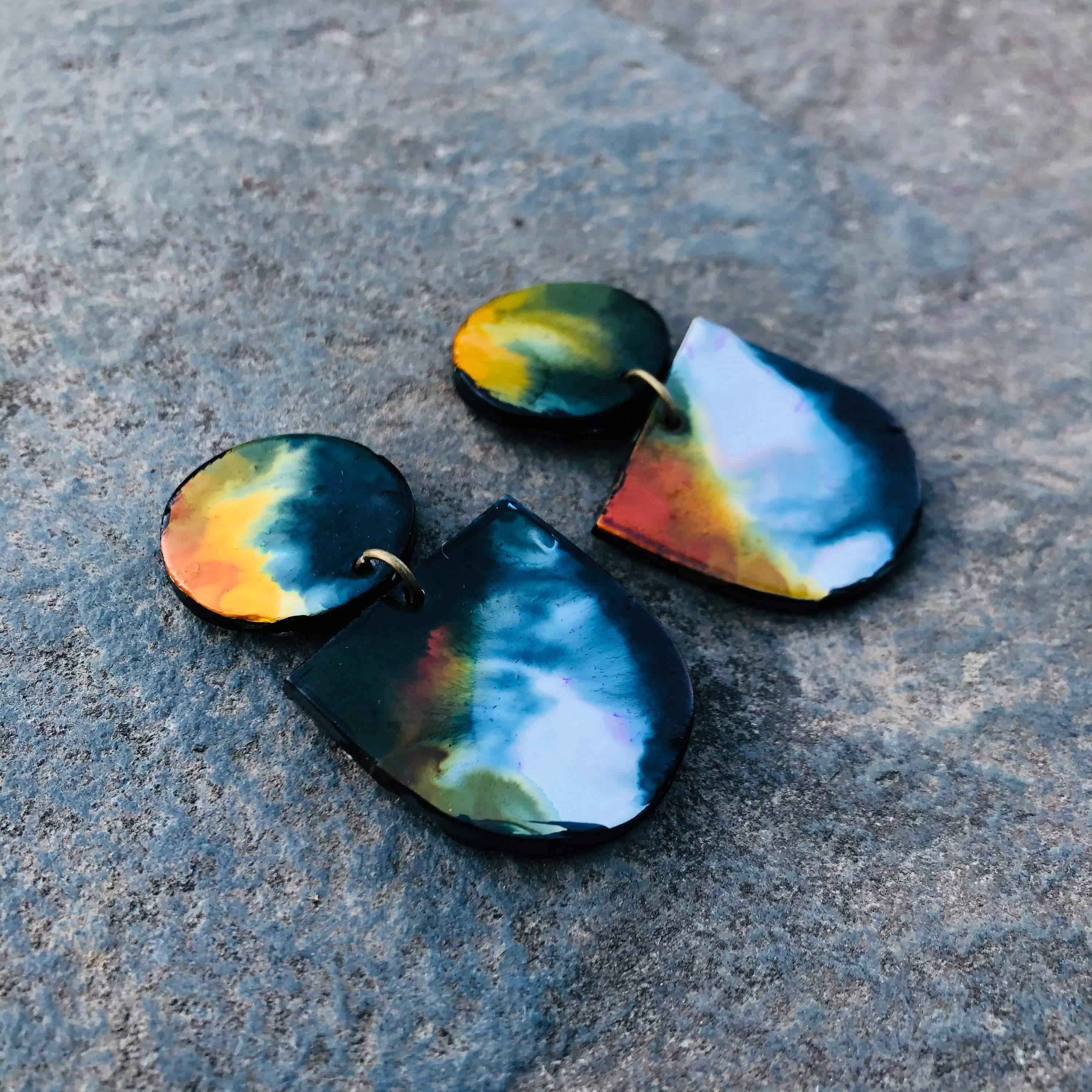 Abstract Hand Painted Earrings in Black White Yellow
